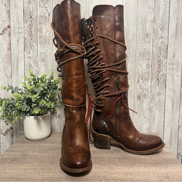 Freebird Steven Carver Tan Lace Up Leather Knee High Boots Coachella Festival 6 - Picture 3 of 9